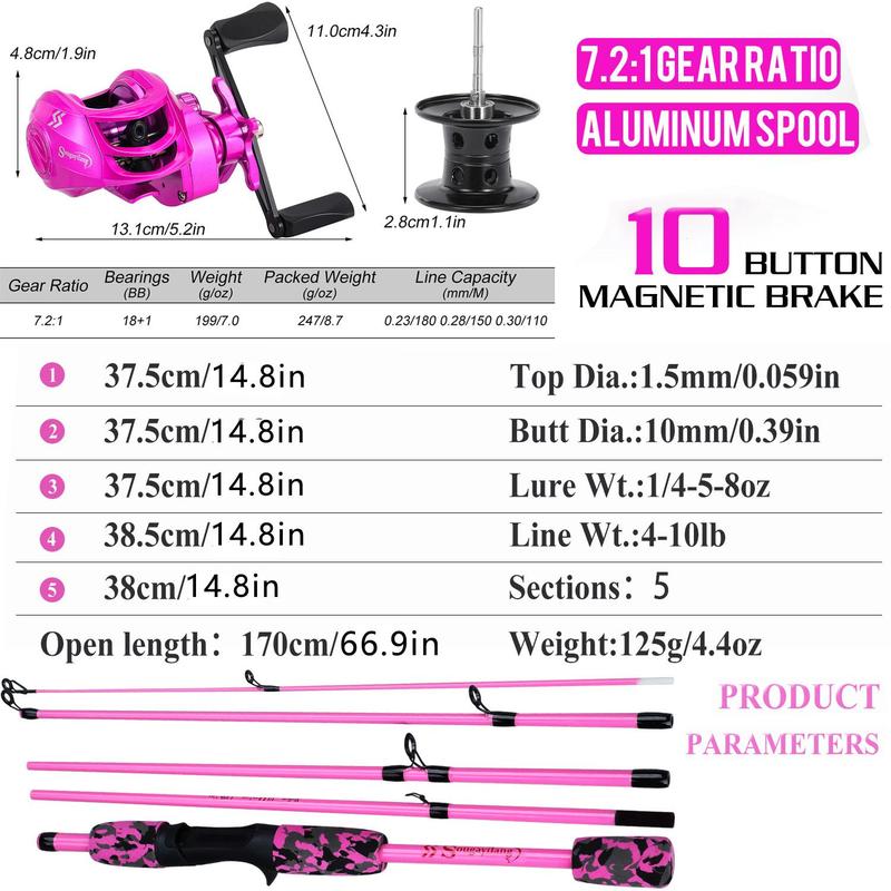 Fishing Rod and Reel Combo Set, 5 Sections Fishing Rod with 7.2:1 Gear Ratio Baitcasting Fishing Reel, Fishing Accessories for Travel and Beginner