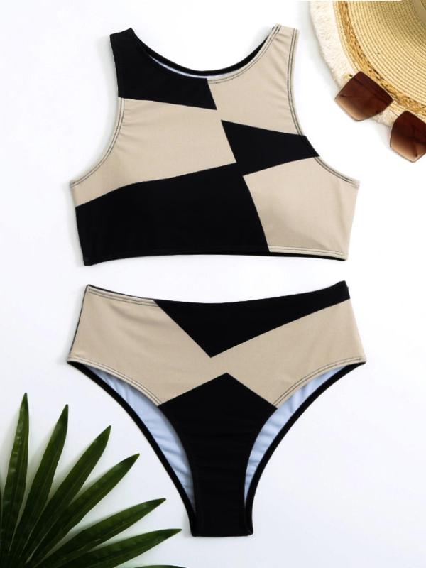 Women's Colorblock Print Tankini, Chic Sleeveless Round Neck Swim Top & High Cut Swim Bottom,  Swimsuit for Women, Bathing Suits for Women, Tummy Control Swimwear for Summer, Tummy Flattering Tankinis Set