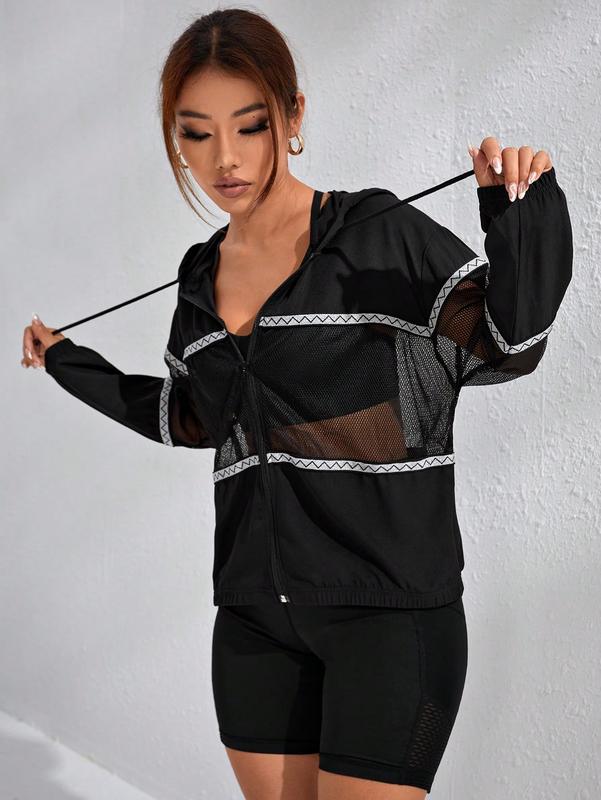 Contrast Mesh Long Sleeve Drawstring Hoodie Sports Jacket