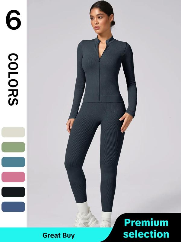 2 Counts Women's Solid Color Tracksuit Set, Sports Zip Up Crop Jacket & High Waist Leggings, Back To School Outfits, Gym Sets for Women, Tracksuits 2000s, Ladies Fall Clothes, Minimalistic Outfit, Gym Clothes, Women's 2 Piece Sets, Sweatsuit Set Outfit