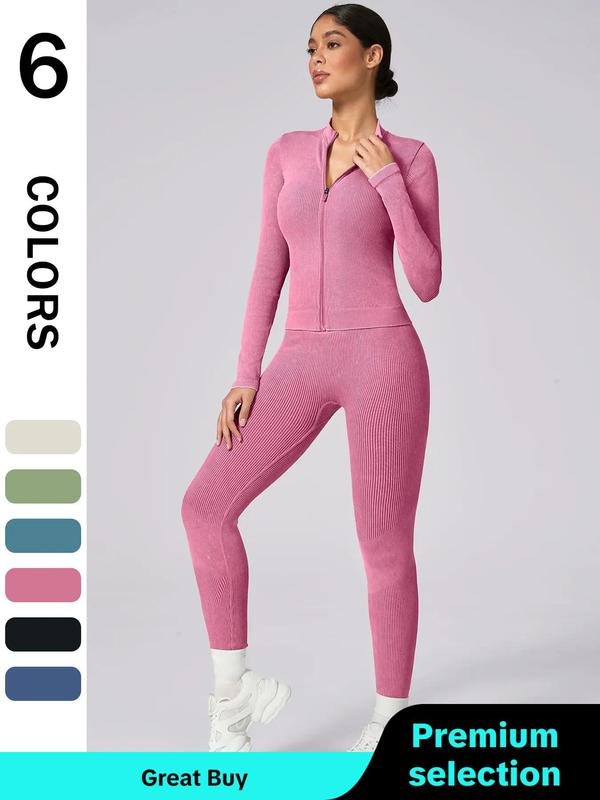 2 Counts Women's Solid Color Tracksuit Set, Sports Zip Up Crop Jacket & High Waist Leggings, Back To School Outfits, Gym Sets for Women, Tracksuits 2000s, Ladies Fall Clothes, Minimalistic Outfit, Gym Clothes, Women's 2 Piece Sets, Sweatsuit Set Outfit