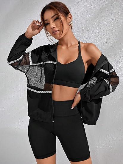 Contrast Mesh Long Sleeve Drawstring Hoodie Sports Jacket