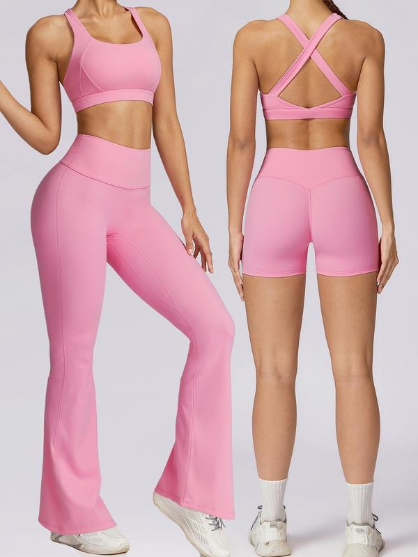 Three-Piece Set Women's Plain 2024 Summer Tracksuit Set, Sporty Criss Cross Backless Crop Top & High Waist Shorts & Flare Leg Pants, Quick Drying Sportswear for Yoga Gym