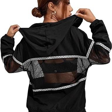 Contrast Mesh Long Sleeve Drawstring Hoodie Sports Jacket