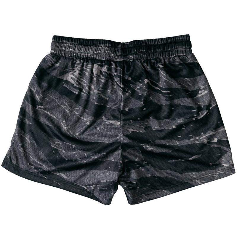 [Kill Crew] Muay Thai Shorts Logo - Black Camo, Unisex, Mid Thigh Cut, Pockets, Gym Shorts, Elastic Waistband, Long drawcord with wax tips