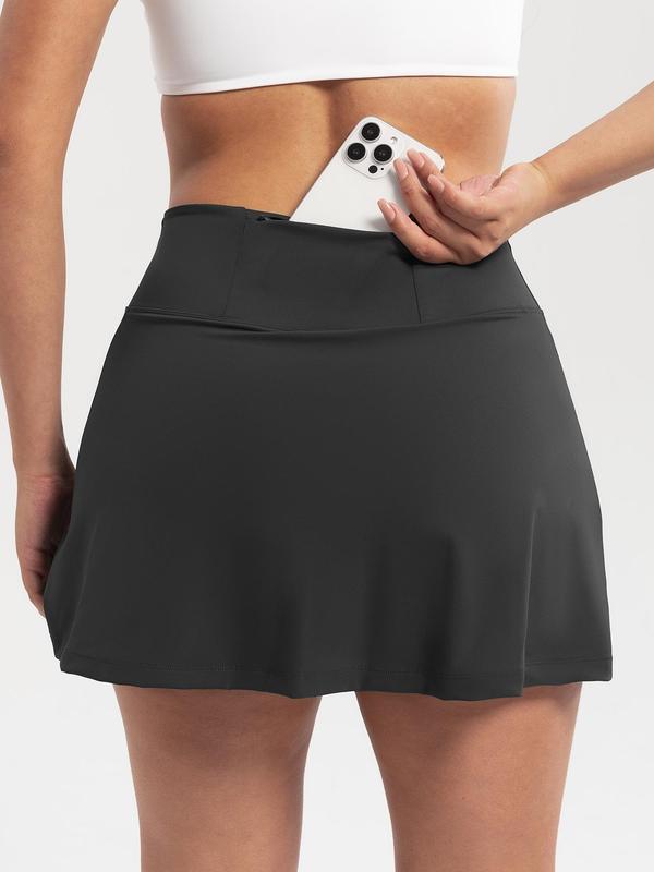 Women's Plain 2 IN 1 Zipper Pocket Wrap Split Hem Sports Skort, Casual Sporty High Stretch Short Skort for Tennis Volleyball Badminton Running, Tennis Skirt, Ladies Sportswear Bottoms