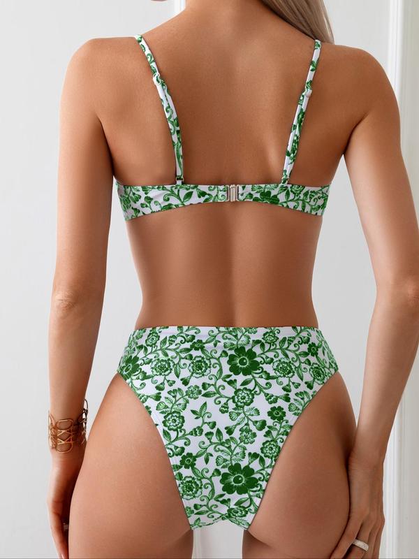 Two-Piece Set Women's Floral Print Bikini Set, Adjustable Strap Shirred Bikini Top & High Waist Bikini Bottom, Two-piece Swimsuit for Summer Beach Holiday Vacation, Back to School Outfits, Swimsuit Sets Bathing Suits 2024