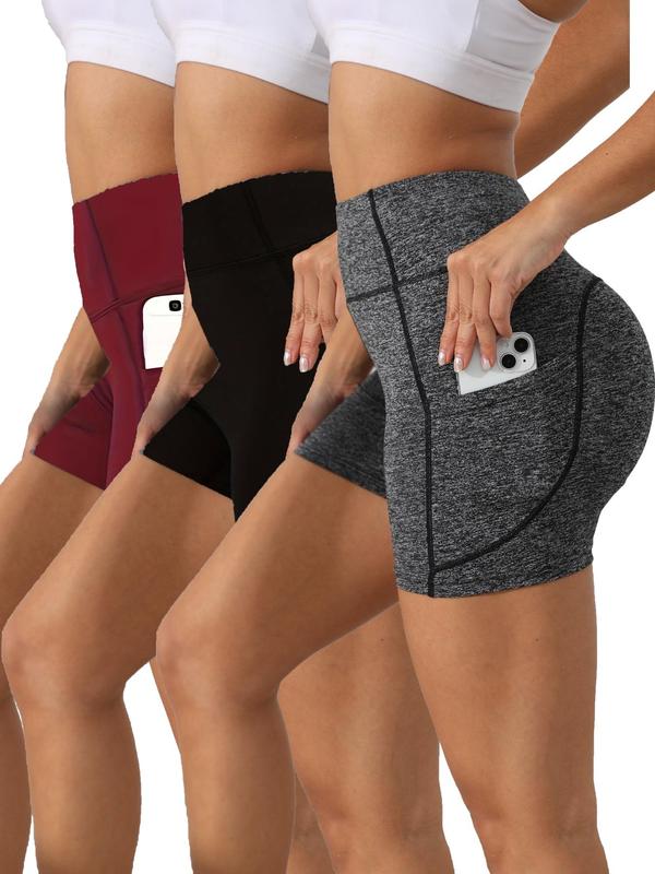 Women's Solid High Waist Sports Shorts, Sporty Comfortable Quick Drying Pocket Skinny Shorts, Gym Shorts, Ladies Sportswear for Gym Yoga Running