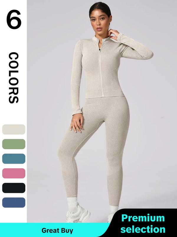 2 Counts Women's Solid Color Tracksuit Set, Sports Zip Up Crop Jacket & High Waist Leggings, Back To School Outfits, Gym Sets for Women, Tracksuits 2000s, Ladies Fall Clothes, Minimalistic Outfit, Gym Clothes, Women's 2 Piece Sets, Sweatsuit Set Outfit