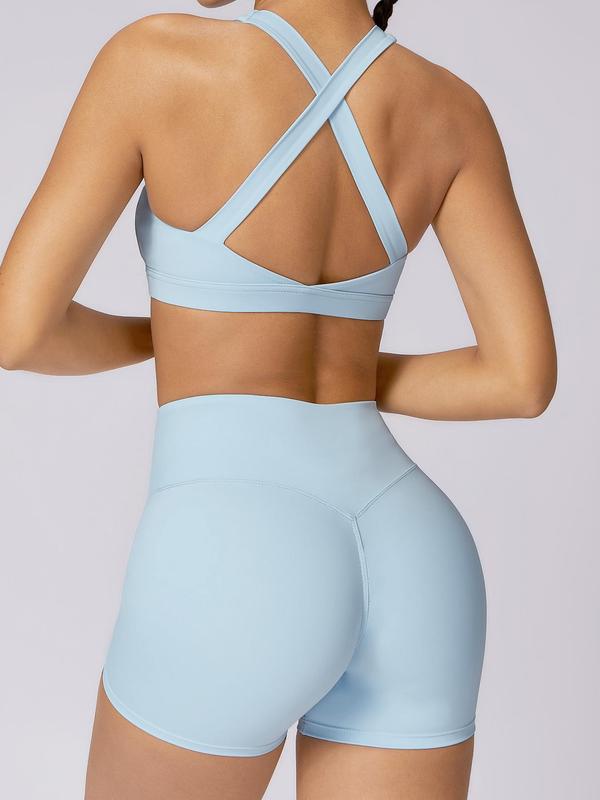 Three-Piece Set Women's Plain 2024 Summer Tracksuit Set, Sporty Criss Cross Backless Crop Top & High Waist Shorts & Flare Leg Pants, Quick Drying Sportswear for Yoga Gym