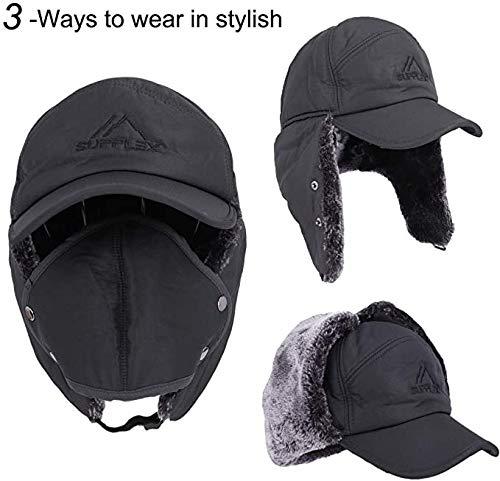 Winter Hat, Thermal Faux Fur Lined, Winter Windproof Hat, Ear Flaps Removable Warm Mask, Cold Weather Skiing Hunting Fishing Trapper Hat for Men Women