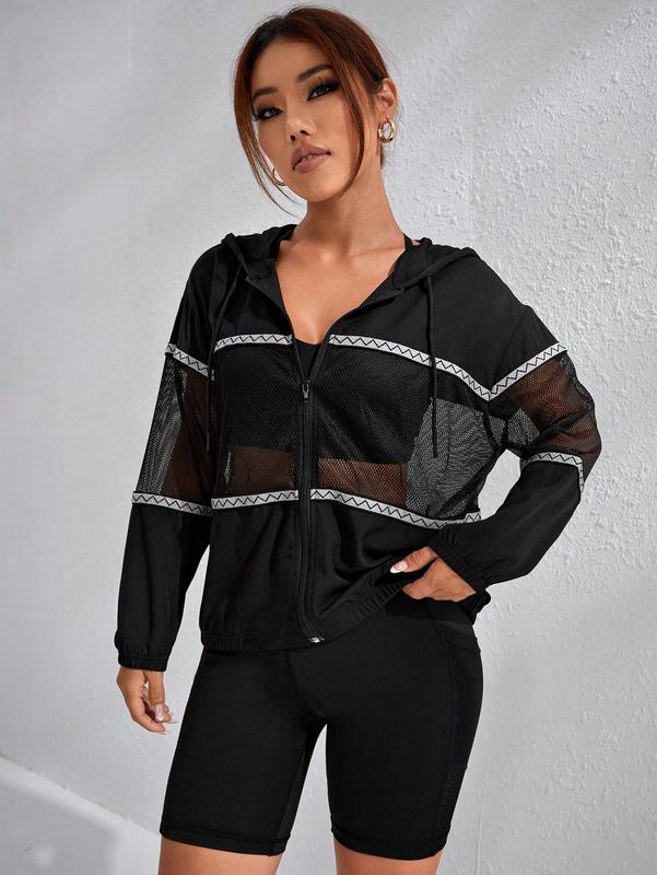 Contrast Mesh Long Sleeve Drawstring Hoodie Sports Jacket