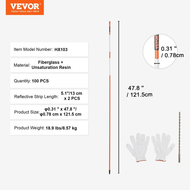 VEVOR Driveway Markers, 100 PCS 48 inch, 0.4 inch Diameter, Orange Fiberglass Poles Snow Stakes with Reflective Tape, 12