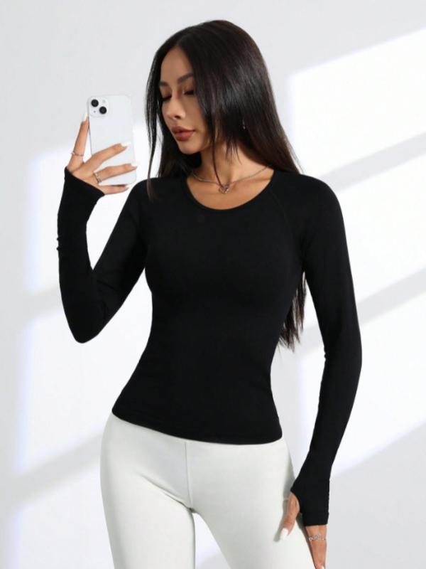 Women's Solid Long Sleeve Sports Tee, Casual Round Neck T-shirt for Yoga Gym Workout Running, Ladies Sportswear for Spring & Fall