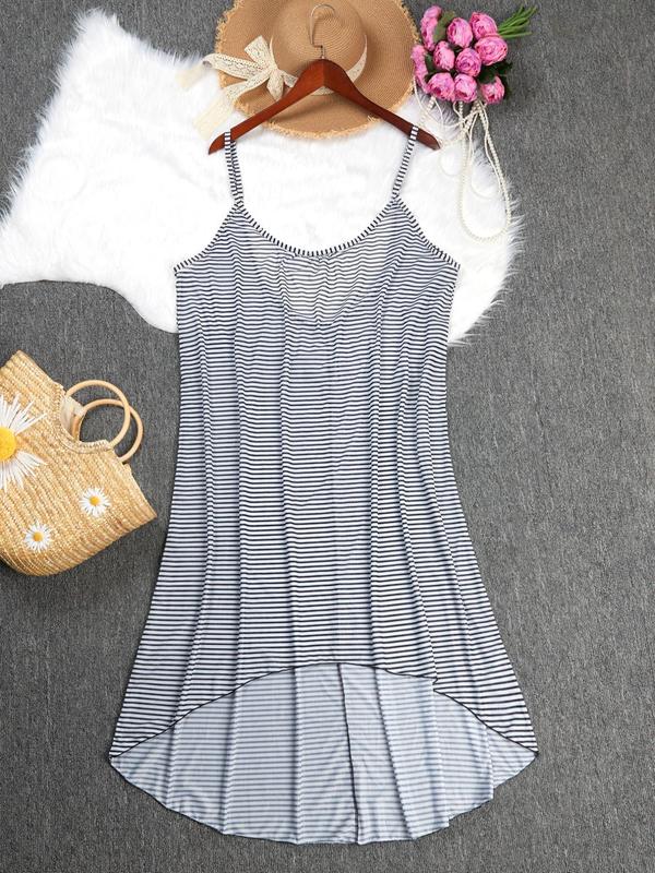 Plus Size Striped Print Backless High Low Hem Cover Up Dress, Casual Spaghetti Strap Long Cover Up Dress, Women's Summer Swimwear for Beach Holiday