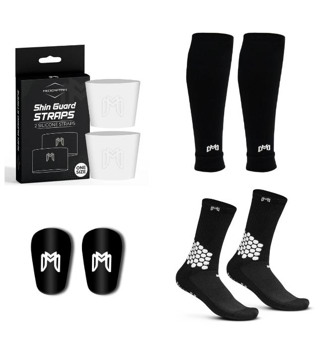 MediCaptain Premium Soccer Bundle - Soccer Grip Socks, Shin Guard Straps, Pre Cut Sleeves, and Mini Shin Guards (Black Pack with White Straps)