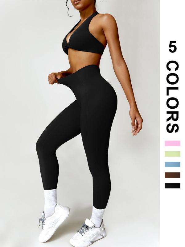 Two-Piece Set Women's Solid Twist Ruched Halter Crop Sports Top & High Waist Leggings Tracksuit Set, Sporty Casual Breathable Outfits for Yoga Gym Workout Running, Ladies Yoga Sportswear for All Seasons