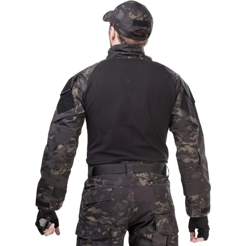 Camo Color Block Men's Outdoor Sports Long Sleeve Tactical Stretch Cotton Top With Half Zipper And Pocket Design, Camping, Climbing, Hiking, Fishing