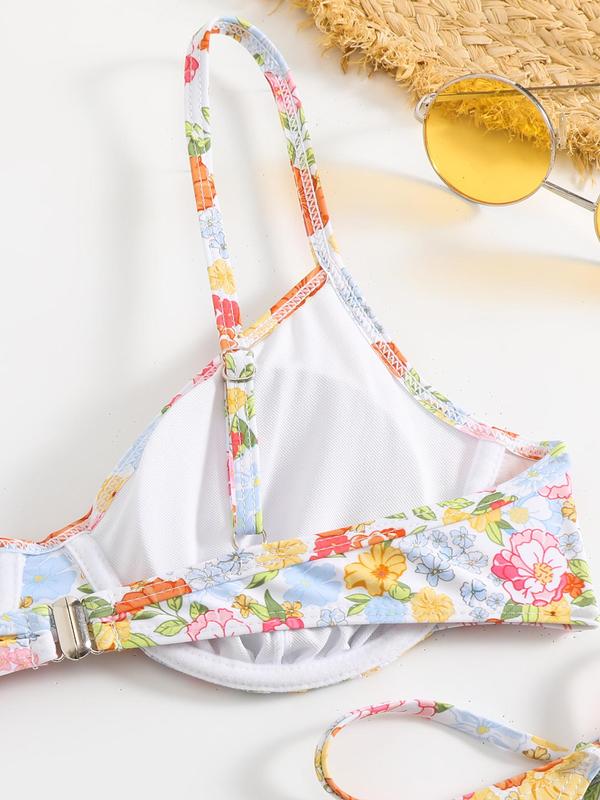 Women's Floral Print Bikini Sets, Swimsuit for Women, Bathing Suits Women, Tie Front Triangle Swim Bra & Tie Side Swim Bottom, Back to School Outfits, Ladies Summer Swimwear for Beach Holiday Vacation, Swimsuits 2024 Women