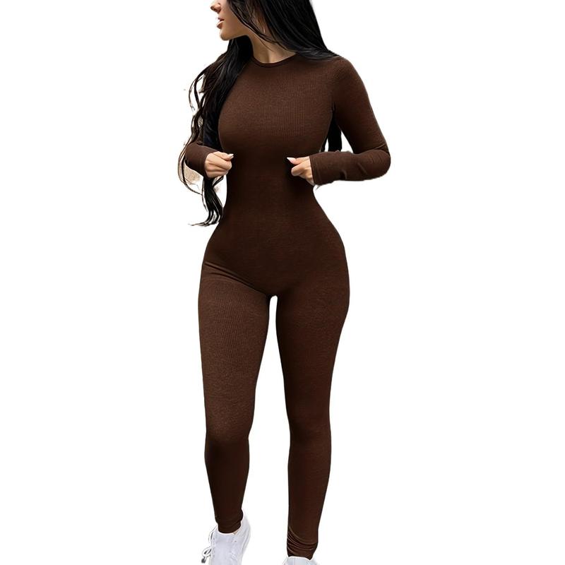 Solid Color Long Sleeve Jumpsuit, Fitness Yoga Slim Yoga One-Piece Tights, Women's Sportswear knit  material