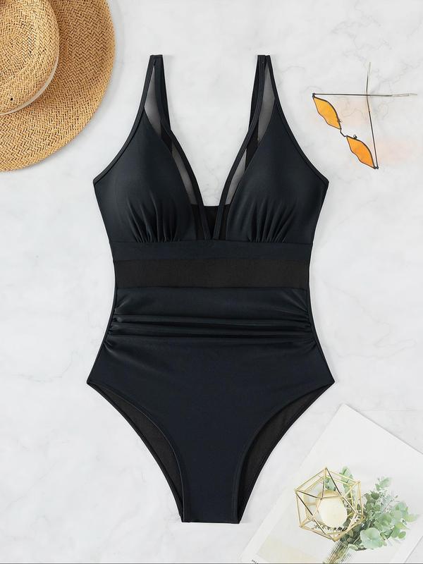 Plus Size Sexy Contrast Mesh V Neck One-piece Swimsuit, Adjustable Strap Swimwear for Summer, Ladies Plus Size Swimwear for Beach, Back To School Outfits, Plus Size Swimwear