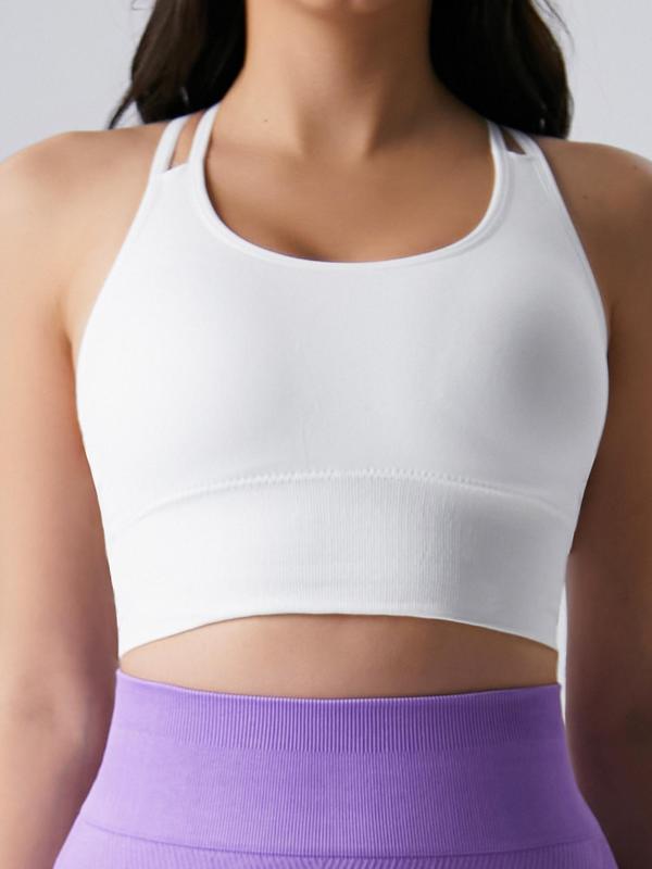 Sporty Women's Solid Color Criss Cross Double Straps Sports Cropped Vest, Sport Plain Round Neck Sleeveless Sports Crop Cami Top for All Seasons, Workout Gym Yoga Top for Women