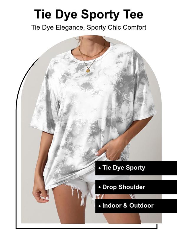 Women's Tie Dye Print Drop Shoulder Sports Tee, Sporty Round Neck Half Sleeve T-Shirt, Workout Tops, Ladies Sportswear for Indoor Outdoor Wear