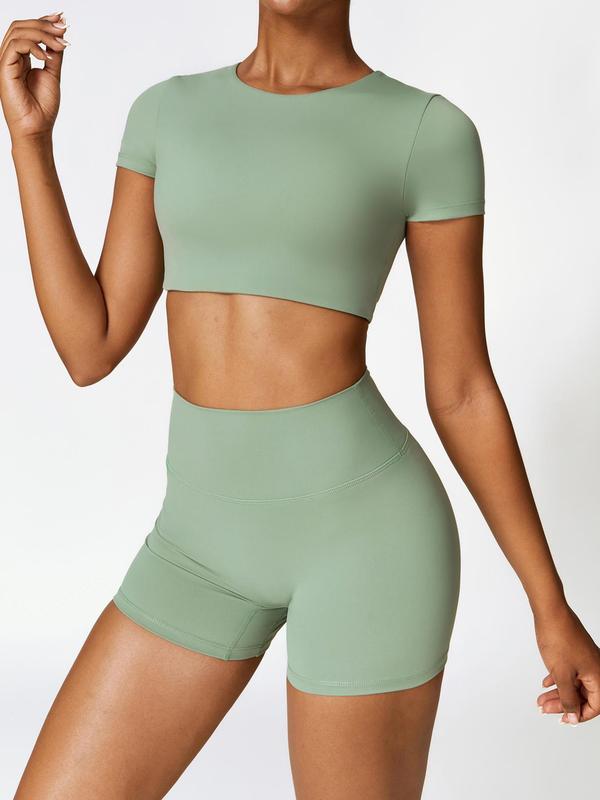 Women's Solid Round Neck Crop Top & High Waist Shorts Sports Set, Sporty Casual Breathable Comfortable Two-piece Outfits for Yoga Gym Workout Running, Ladies Sportswear for All Seasons