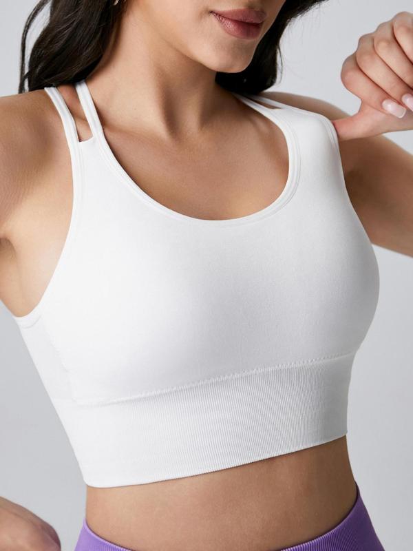 Sporty Women's Solid Color Criss Cross Double Straps Sports Cropped Vest, Sport Plain Round Neck Sleeveless Sports Crop Cami Top for All Seasons, Workout Gym Yoga Top for Women