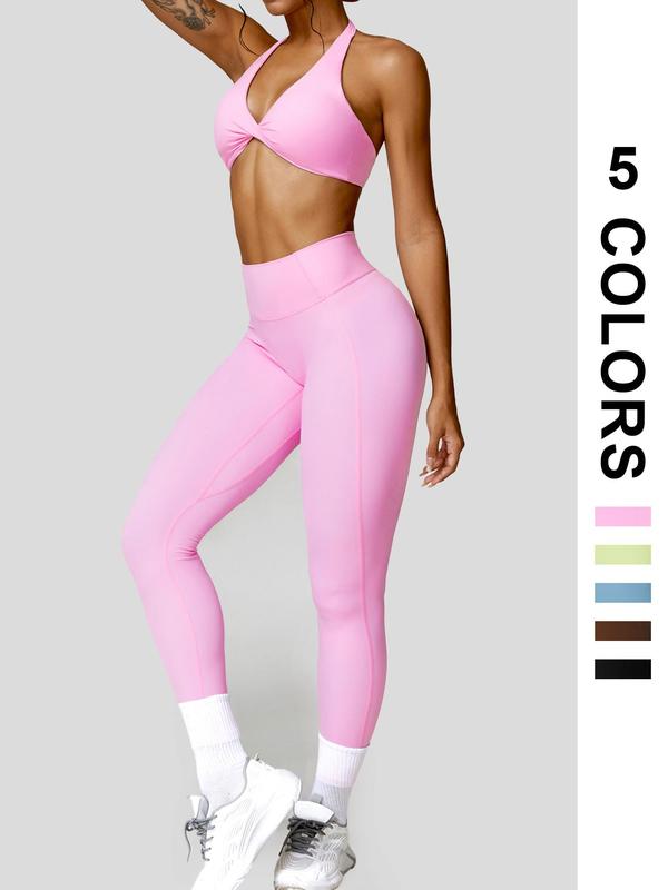 Two-Piece Set Women's Solid Twist Ruched Halter Crop Sports Top & High Waist Leggings Tracksuit Set, Sporty Casual Breathable Outfits for Yoga Gym Workout Running, Ladies Yoga Sportswear for All Seasons