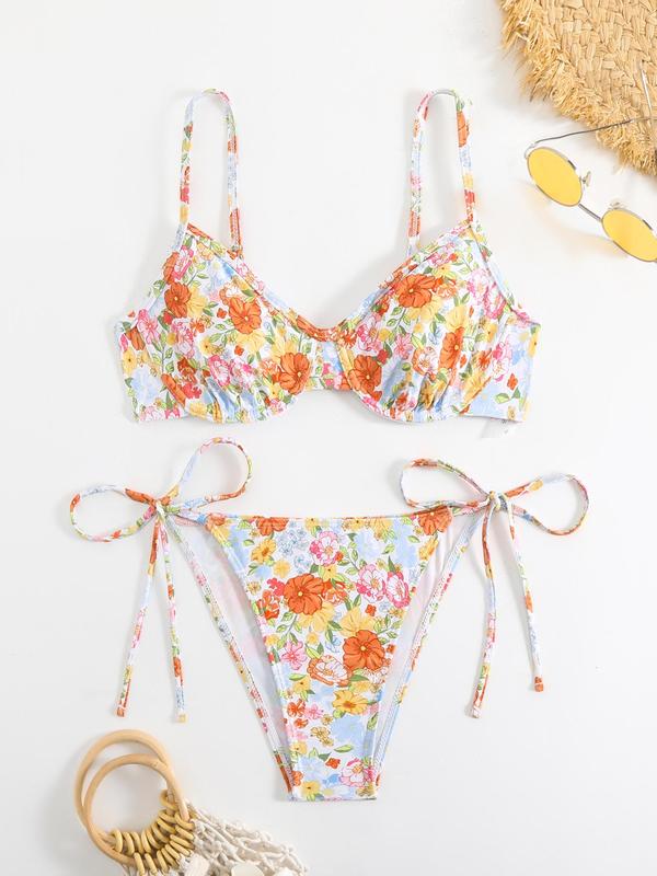 Women's Floral Print Bikini Sets, Swimsuit for Women, Bathing Suits Women, Tie Front Triangle Swim Bra & Tie Side Swim Bottom, Back to School Outfits, Ladies Summer Swimwear for Beach Holiday Vacation, Swimsuits 2024 Women