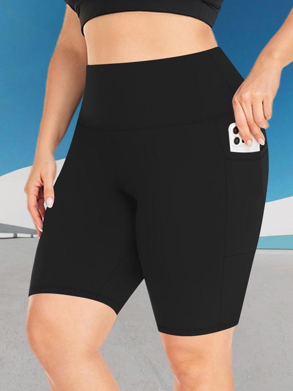  Plain High Waist Pocket Skinny Shorts, Comfy Breathable Seamless Biker Shorts, Women's Summer Bottoms for Daily Outdoor Sports, Summer Outfits 2024