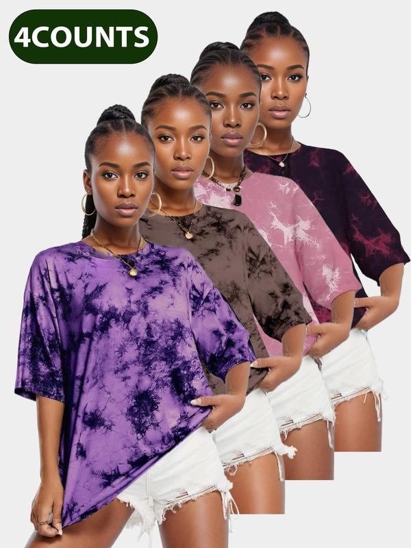 Women's Tie Dye Print Drop Shoulder Sports Tee, Sporty Round Neck Half Sleeve T-Shirt, Workout Tops, Ladies Sportswear for Indoor Outdoor Wear