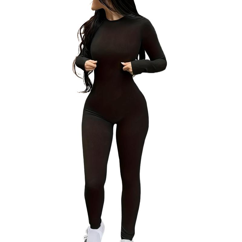 Solid Color Long Sleeve Jumpsuit, Fitness Yoga Slim Yoga One-Piece Tights, Women's Sportswear knit  material