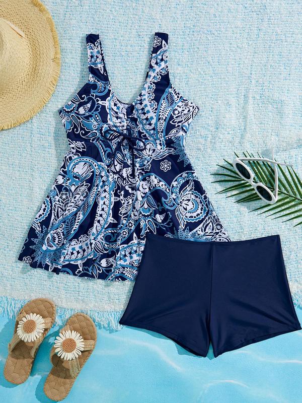 Two-piece Set Women's Floral Print Ruched Drawstring Tankini Top & Shorts Set, Sleeveless V Neck Swimwear for Summer Beach Holiday, Summer Clothes Women, Swimsuit for Women, Women's Swimwear