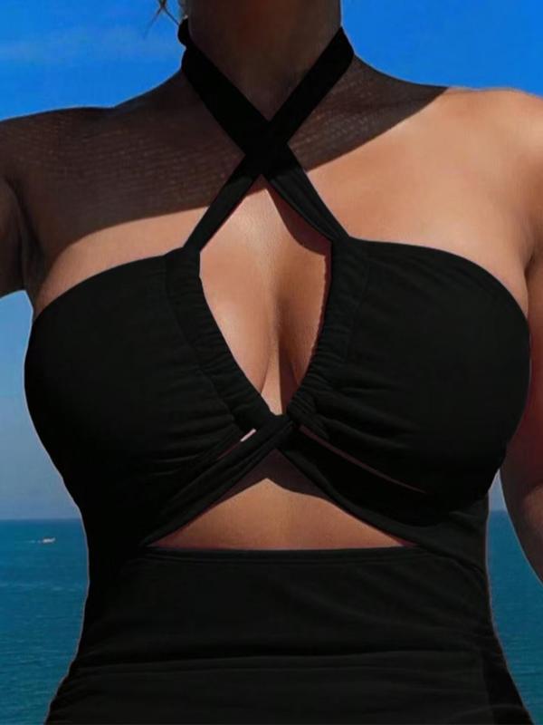 Women's Solid Criss Cross Cut Out Ruched Halter One-piece Swimsuit, Casual Backless Swimwear for Beach Holiday Vacation, Ladies Swimsuit for All Seasons