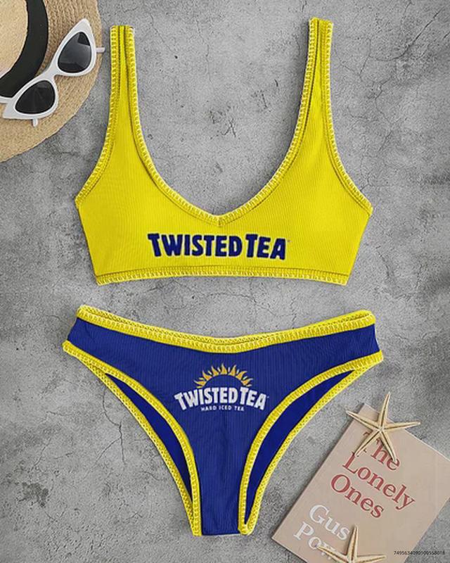 Twisted Tea Contrasting Letter Print Bikini Sets Beach Bikini Drink Bikini Beer