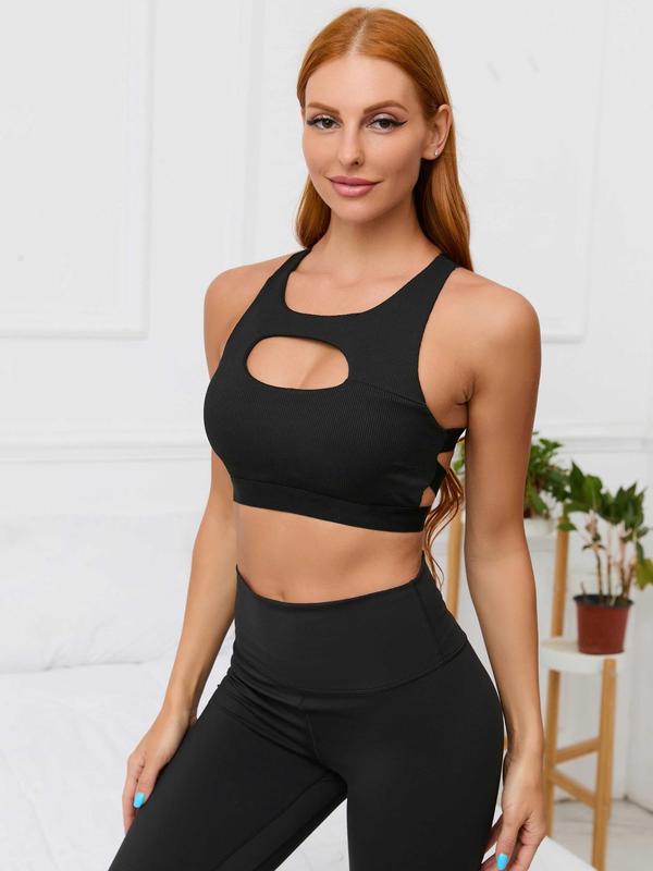 Women's Criss Cross Backless Cut Out Sports Bra, Solid Color Crop Sports Top, Workout Gym Yoga Exercise Bra for Women