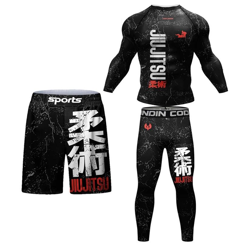 New kimono jiu jitsu rashguard for men MMA T-shirt + pant 4 pcs set Muay Thai shorts BJJ rash guard gym boxing jerseys sportswear