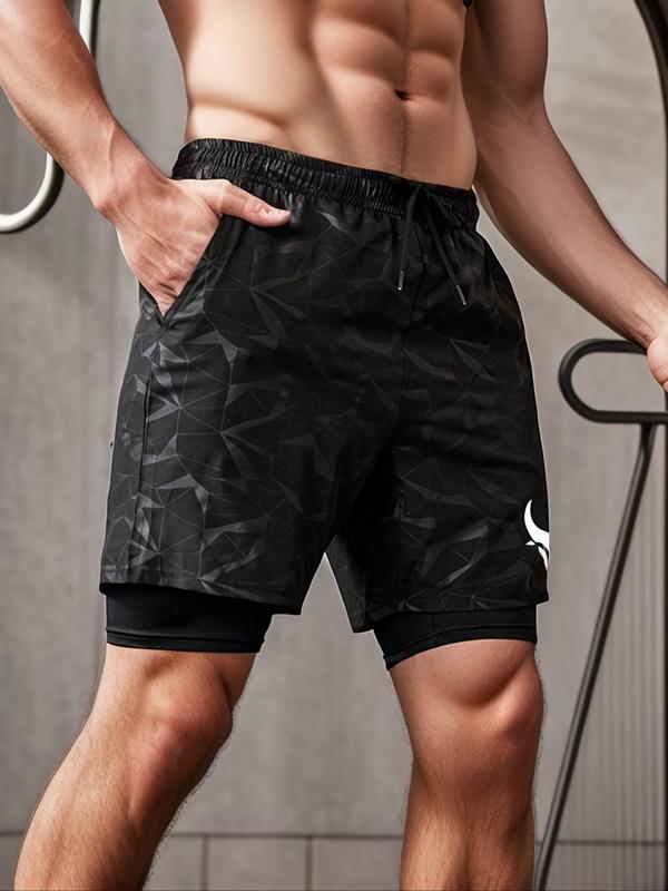 Men's 2 in 1 Print Drawstring Waist Sports Shorts, Regular Fit Casual Pocket Joggers for Summer, Men's Sport & Outdoor Clothing for Indoor Outdoor Wear, Fall Outfits, Fallfreshness, Shorts for Men, Gym Clothing