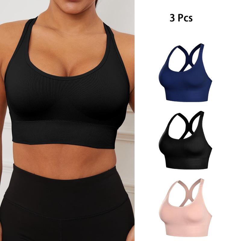 3PCs Stretchy Solid Racer Back Sports Bra, Comfy & Breathable Push Up Fitness Bra, Women's Lingerie & Underwear,wireless seamless bra minimalist lingerie stylish lingerie