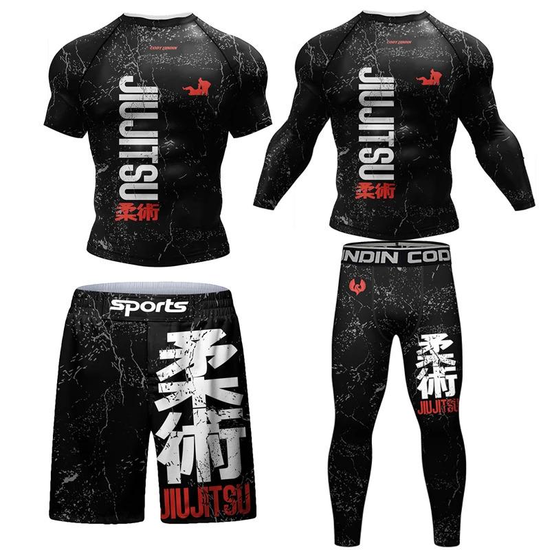 New kimono jiu jitsu rashguard for men MMA T-shirt + pant 4 pcs set Muay Thai shorts BJJ rash guard gym boxing jerseys sportswear