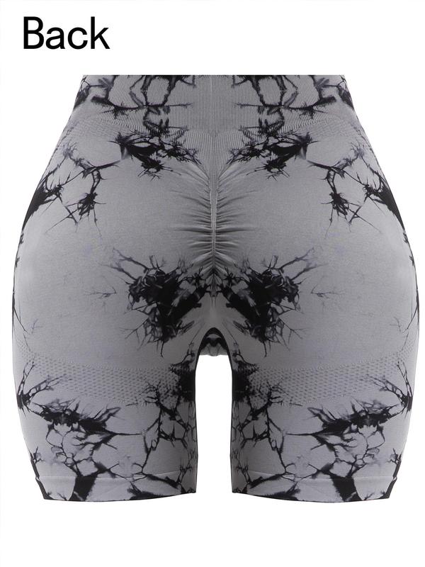 Plus Size Tie Dye Print Ruched Sports Shorts, High Stretch Yoga Leggings, Ladies Sportswear for Indoor Outdoor Wear