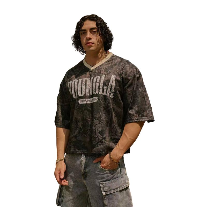 YOUNGLA Men's Oversized T-Shirt with Large Mesh Print for Sports and Fitness in All Seasons - Casual yet Athletic - Breathable