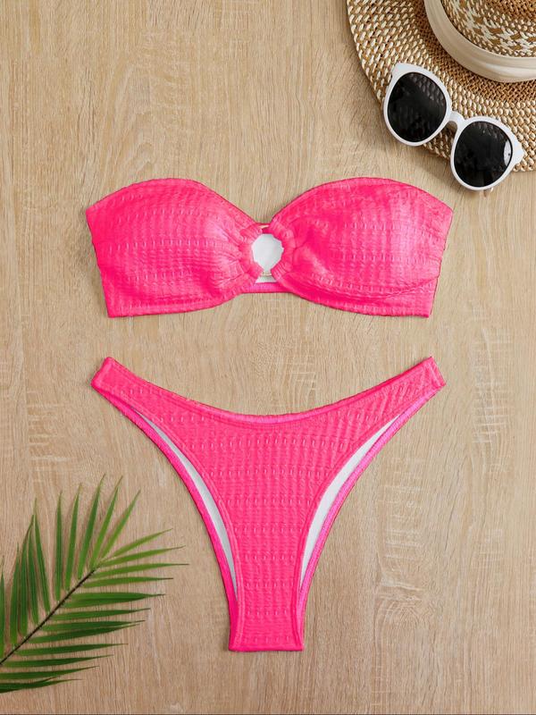 Women's Textured Cut Out Ring Linked Swim Bandeau Top & High Cut Swim Bottom Frankies Bikini Set, Back To School Bikini Sets, Solid Color Swimwear Set, Women's Swimwear for Summer Beach Vacation, Comfort Womenswear for Lady