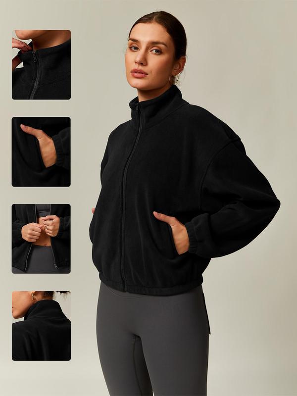 Sporty Women's Plain Pocket Zip Up Drop Shoulder Fleece Sports Jacket, Comfy Long Sleeve Stand Collar Outerwear for Yoga Running Training, Ladies Sportswear for Fall & Winter