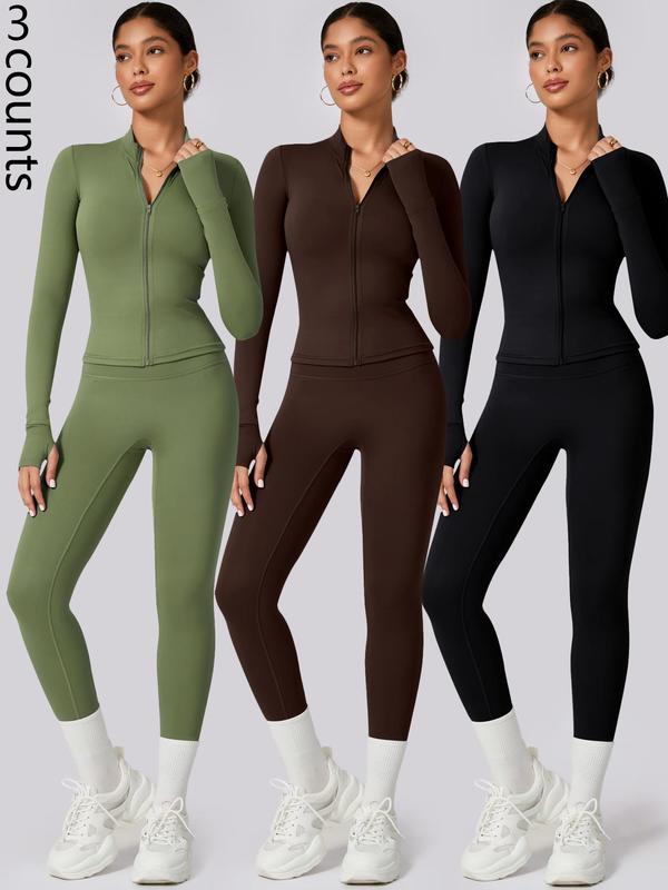 Two-piece Set Women's Solid Zip Up Mock Neck Jacket & High Waist Leggings Tracksuit, Sporty Long Sleeve Top & Skinny Bottoms for Yoga Gym Workout, Ladies Sportswear for All Seasons, Minimalistic Outfit Fall Outfits