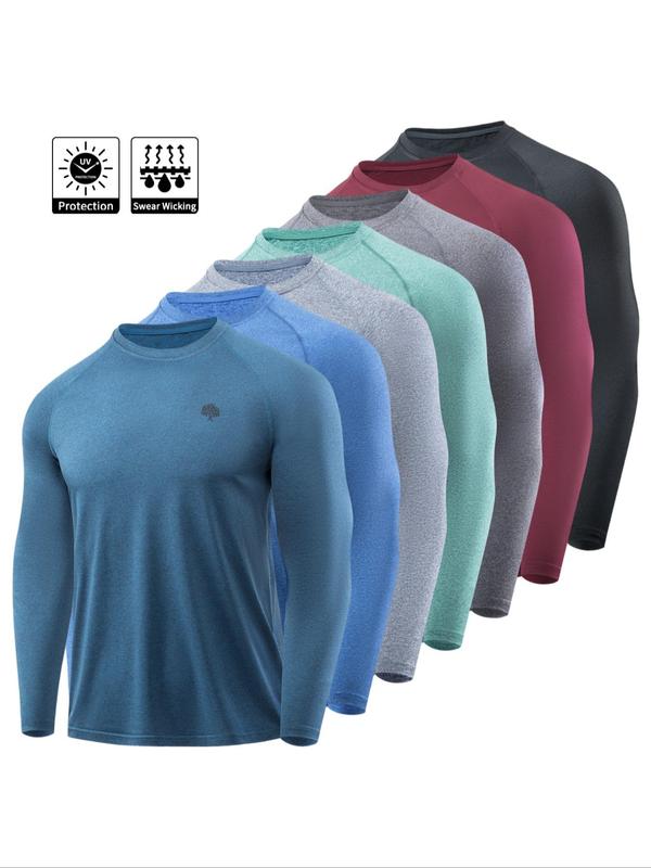 Men's Solid Round Neck Long Sleeve Sports Tee, Breathable Quick Drying Crew Neck T-shirt,  T Shirts for Men,  Casual Comfy Top for Gym Workout Outdoor Activities