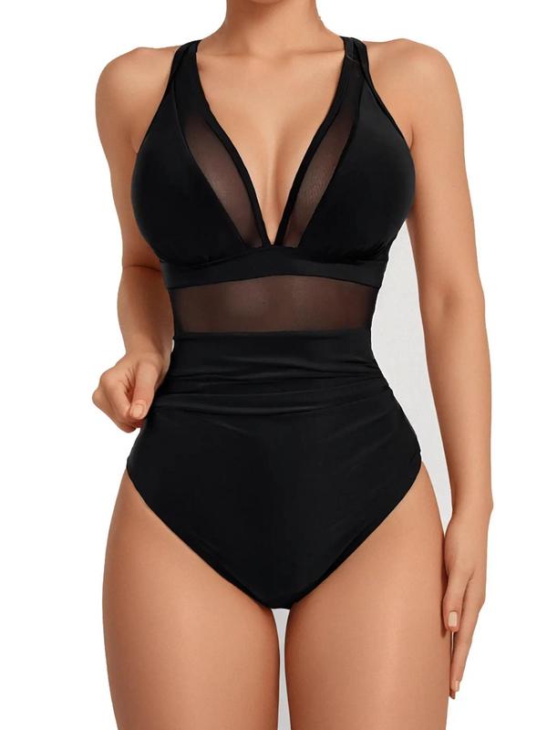 Sam Louise Exclusive Women's Plain Contrast Mesh V Neck One-piece Swimsuit, Casual Sleeveless Swimwear for Summer, Ladies Swimsuit for Beach Holiday Vacation Swimming