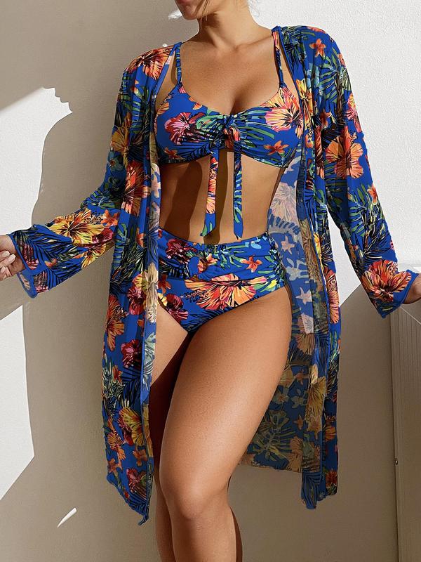 Three-piece Set Women's Tropical Print Bikinis for Summer 2024, Boho Clothes, Knot Front Swim Top & O-ring Ruched Bikini Bottom & Long Sleeve Beach Cover Up, Bathing Suit, Summer Back To School Swimsuit Sets